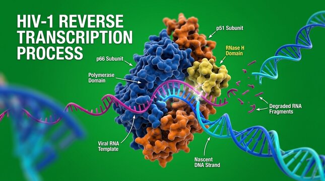 HIV reverse transcription process, molecular structure, viral replication