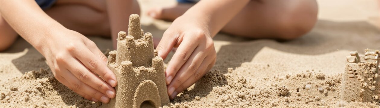 Captures Close Of Two Hands Actively Engaged In Process Constructing Sandcastles On To Sandy Beach Left Hand Holding Partially