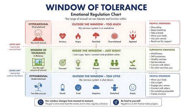 Window of Tolerance Emotional Regulation Chart, Nervous System Arousal Diagram for Therapy, Mental Health and Self Regulation