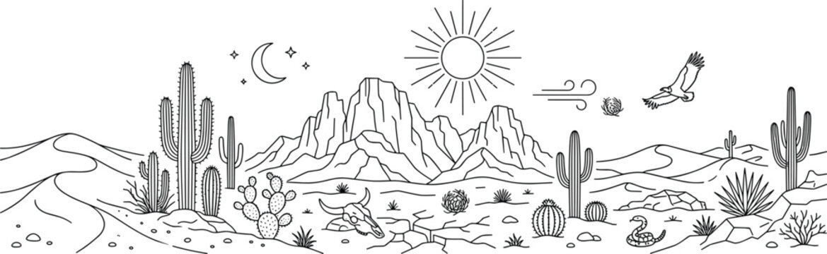 Desert Landscape Panoramic Vector Design with Saguaro Cactus, Mountain Range, Sand Dunes, Sun, Moon, Wild Eagle, and Animal Skull Line Art