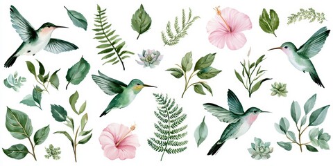 Fototapeta premium Watercolor collection of hummingbirds, tropical leaves, flowers, and succulents isolated on white background
