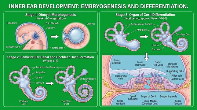 Inner ear development stages, embryogenesis and differentiation