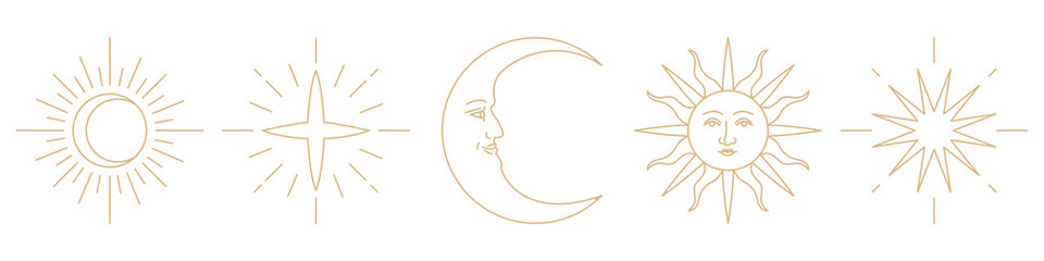 Vector of celestial symbols: crescent moon, stars, and sun with a face in line art. © Rawpixel.com