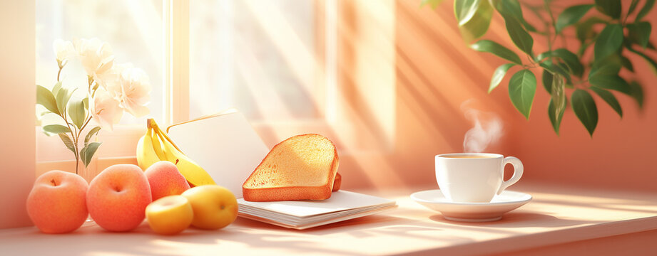 Elegant Still Life with Candles Flowers Fresh Coffee Tea Bread Fruit and Breakfast Table Arrangement