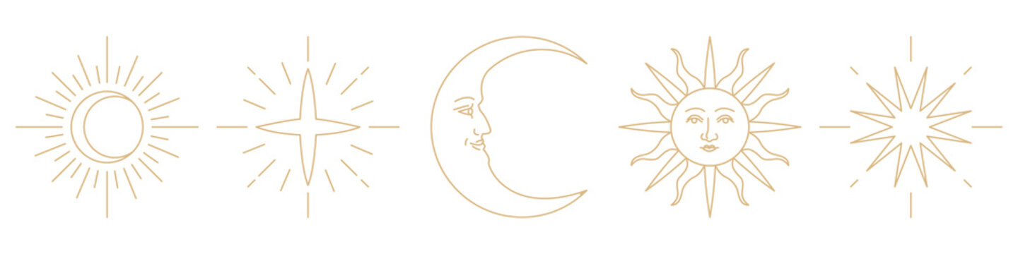Vector of celestial symbols: crescent moon, stars, and sun with a face in line art.