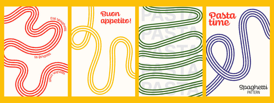 Pasta posters with abstract spaghetti waves. Italian cuisine food background for menu and packaging design.