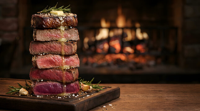 Vertical Stack of Six Beef Steaks with Various Levels of Doneness on Wooden Cutting Board
