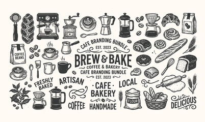 Fototapeta premium Coffee and bakery linocut doodle elements background