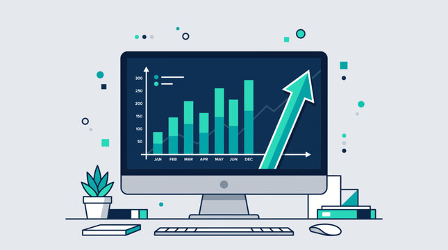 Business growth analytics and data visualization on computer monitor