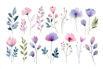 Naklejka premium Watercolor floral set with pink and purple flowers and green leaves, isolated on white background