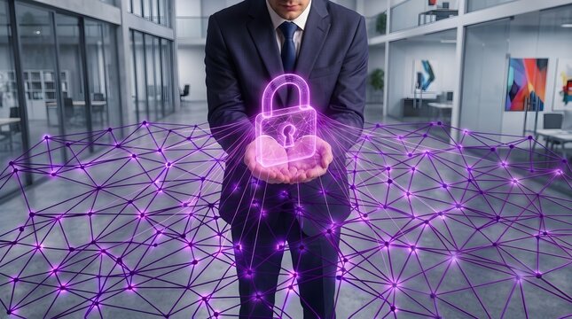 Corporate Executive Holding Futuristic Padlock Hologram over Secure IT Network for Compliance
