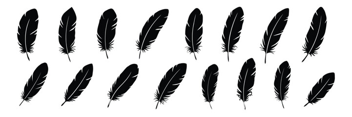 Feather Pen Icons featuring black quill feather silhouettes, elegant plume illustrations, writing tools, calligraphy symbols, vintage stationery, ink pen design, and vector illustration. © MASUD MOMENA