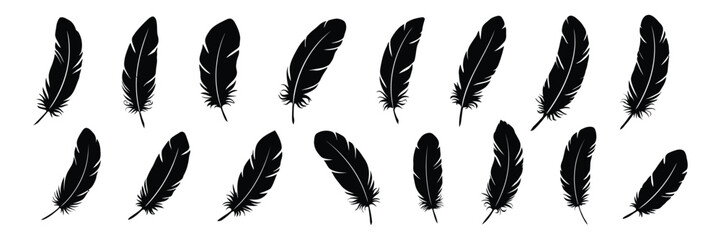 Feather Pen Icons with black quill feather silhouettes for calligraphy, handwriting, vintage writing, elegant plume designs, stationery graphics, and vector illustration. © MASUD MOMENA