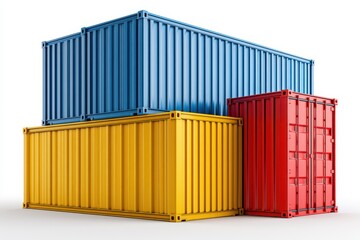 Fototapeta premium Stack of three colorful shipping containers isolated on white background
