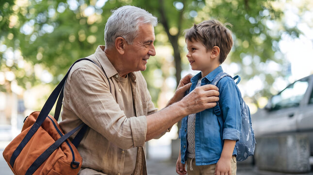 Loving grandfather adjusting his little grandson's backpack on the street before school, back to school concept