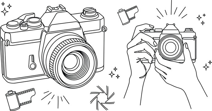 Vintage Film Camera and Retro Photography Line Art Icon Set with Hands Holding Camera, Film Roll, Shutter Aperture, and Flash Burst