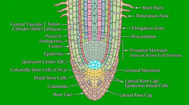Detailed microscopic view of root apical meristem with labeled quiescent center
