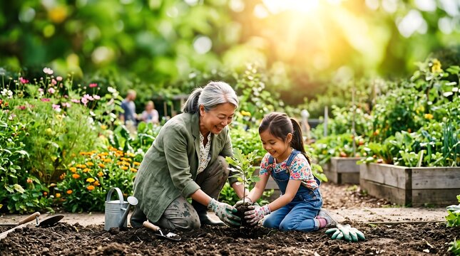 East Asian Grandmother and Granddaughter Planting Tree Together