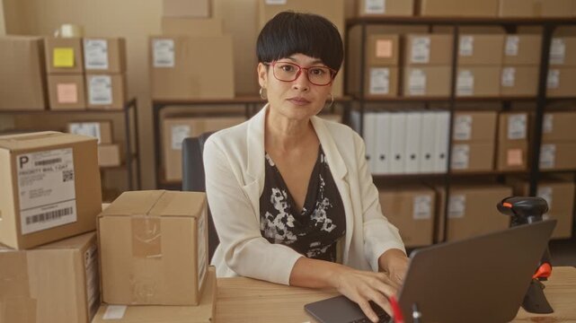 Woman surrounded by cardboard boxes and a laptop, typing and later folding arms while looking at camera in a building; confidence entrepreneurship.