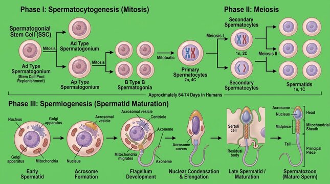 Spermatogenesis process with spermatogonial stem cells, microscopic view