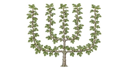 Fototapeta premium Candelabra shaped french Espalier tree with green leaves and ripe fruit isolated on white background for decorative garden design