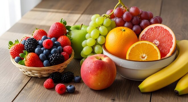 Fresh organic fruit assortment on wooden table, vibrant summer berries and citrus in bowls, healthy harvest of grapes and bananas for nutrition
