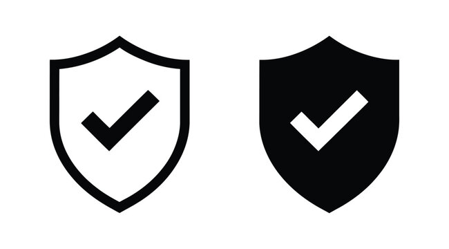 Shield checkmark security protection icon set in outline and silhouette styles for safety, verification and insurance concepts.
