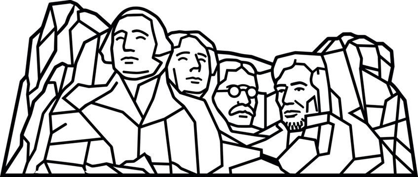 Mount Rushmore National Memorial Vector Icon Featuring Geometric Black Line Art of United States Presidents for Patriotic Travel and Historical Landmarks Graphic DesignsMount Rushmore National Memoria