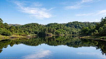 Fototapeta premium Tranquil lake reflection of lush green hills and forest under a clear blue sky in the highlands