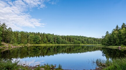 Obraz premium Scenic view of a tranquil lake surrounded by a dense green forest under a clear blue sky with soft white clouds on a sunny summer day