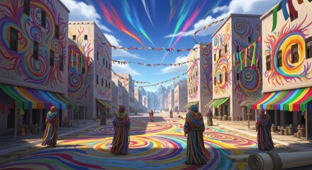 Fototapeta premium Colorful street festival in a desert town with people wearing vibrant robes and buildings decorated with swirling rainbow patterns under a bright blue sky with light streaks