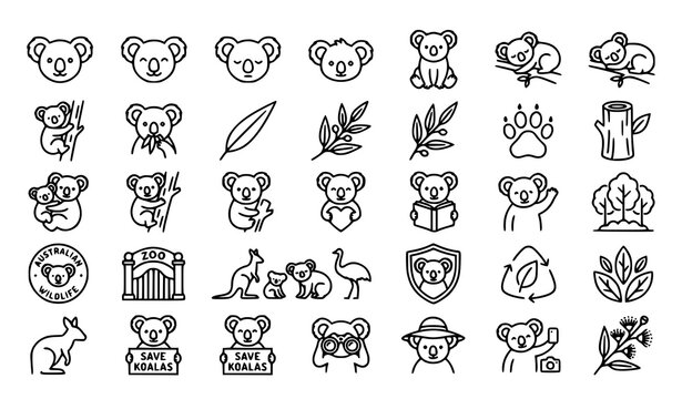 Cute Koala Outline Icon Collection with Australian Animals Leaves Nature and Cartoon Symbols Vector