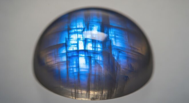 A macro close-up view of a polished moonstone gem displaying a milky texture and vibrant iridescent blue adularescence on its smooth surface, ethereal, specimen, texture