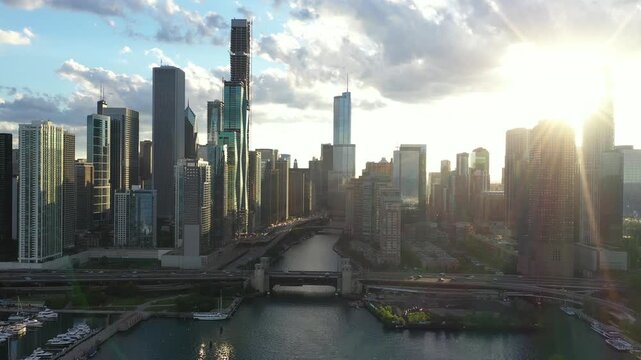 Aerial drone shot of the downtown Chicago skyline during a beautiful sunset