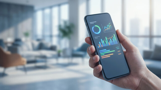 Business analytics mobile app with charts and graphs for roi growth cost efficiency in modern office environment