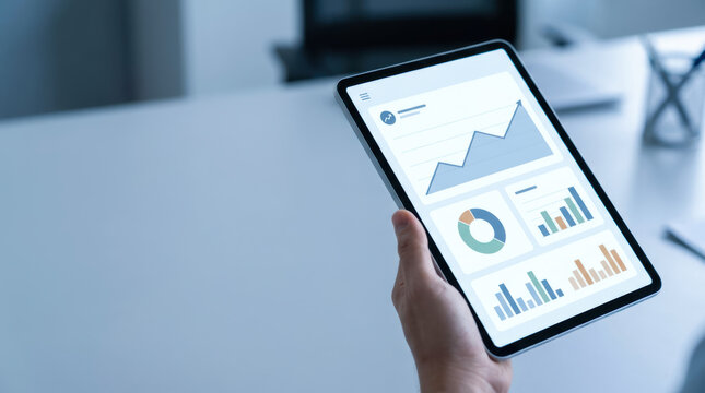 Business tablet with graphs and charts for roi growth cost and efficiency analysis in modern office environment