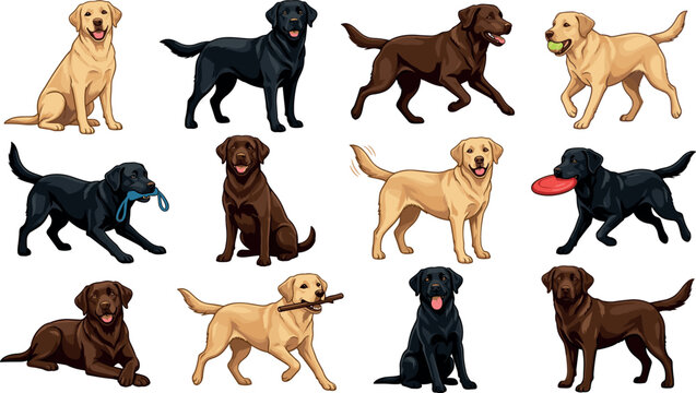 Labrador Retriever Dog Vector Character Set Featuring Yellow Black and Chocolate Lab Breeds in Dynamic Playing Sitting Running and Fetching Poses for Pet BrandingLabrador Retriever Dog Vector Characte