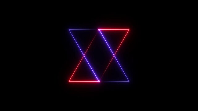 Abstract neon light line running loop triangle frame animation on the black background.