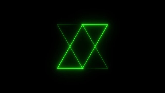 Abstract neon light line running loop triangle frame animation on the black background.