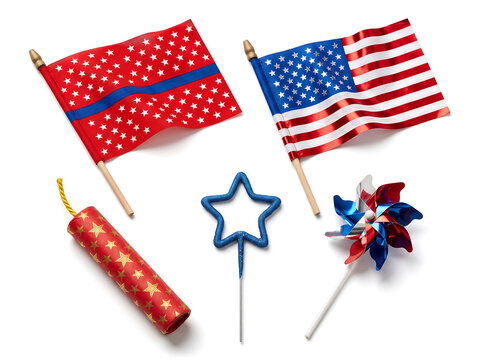 Photorealistic Fourth of July Patriotic Favors with Flags and Fireworks on White Background