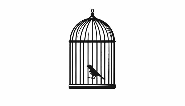Bird Sitting Inside Metal Cage.