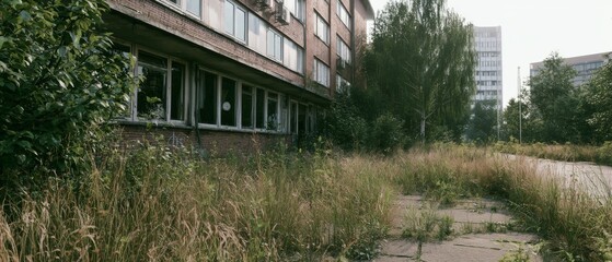 Fototapeta premium Abandoned building with overgrown grass in urban area during daylight