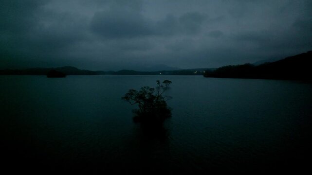 Aerial Blue Hour View of Lake Hibara at Night, Urabandai, Fukushima, Japan - Spring Evening