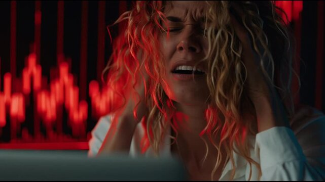 Woman stressed in front computer screen.