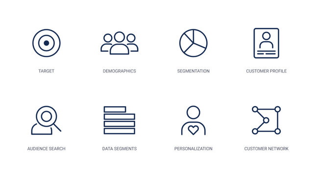 Audience targeting customer segmentation icons &ndash; Suitable for consumer demographic tracking, personalized profile setup, or database groups.