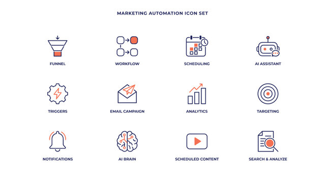 Automated digital campaign trigger line icon set &ndash; Ideal for tech platform dashboards, customer interaction tracking, or system workflow graphics.