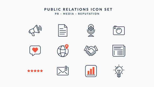 Public relations media communications icon sheet &ndash; Suitable for press release templates, company reputation management, or news coverage plans.
