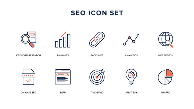 Web ranking and backlink optimization line icon set &ndash; Ideal for digital visibility strategy, website indexing guides, or technical search logs.