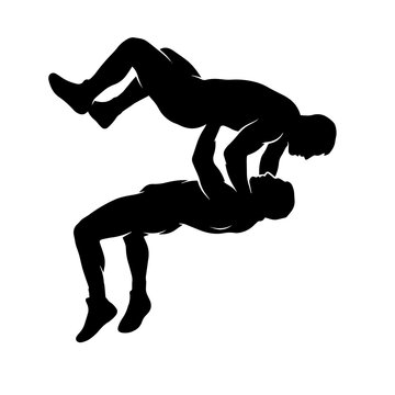 Black and white silhouette of two wrestlers performing a suplex move, isolated on a white background, competitive sports action
