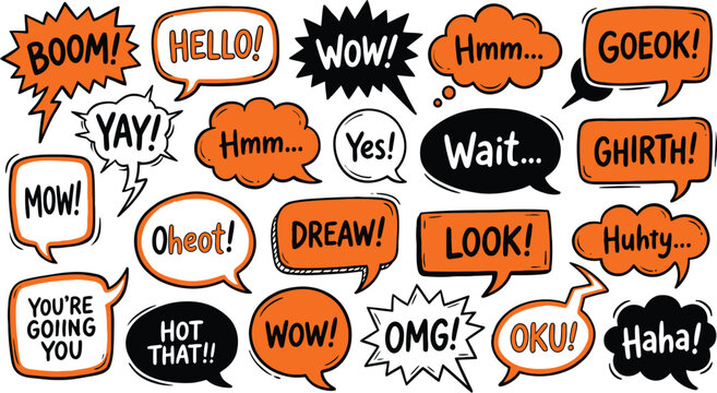 Collection Of Hand Drawn Speech Bubbles And Comic Book Sound Effects